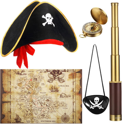Sratte pirate monocular telescope and five piece costume set front view showing the gold spyglass and skull print hat.