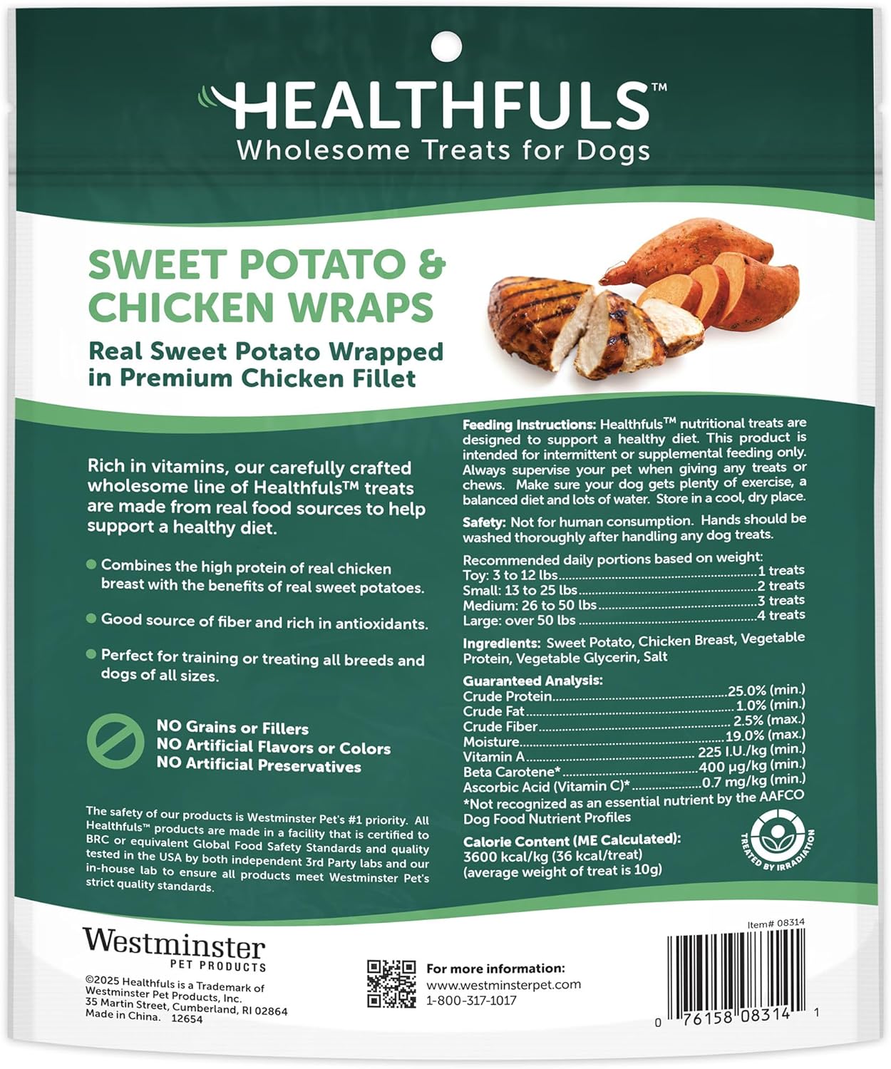 Close up of Healthfuls chicken wrapped sweet potato dog treat stick
