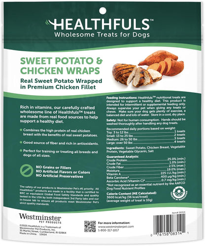Close up of Healthfuls chicken wrapped sweet potato dog treat stick