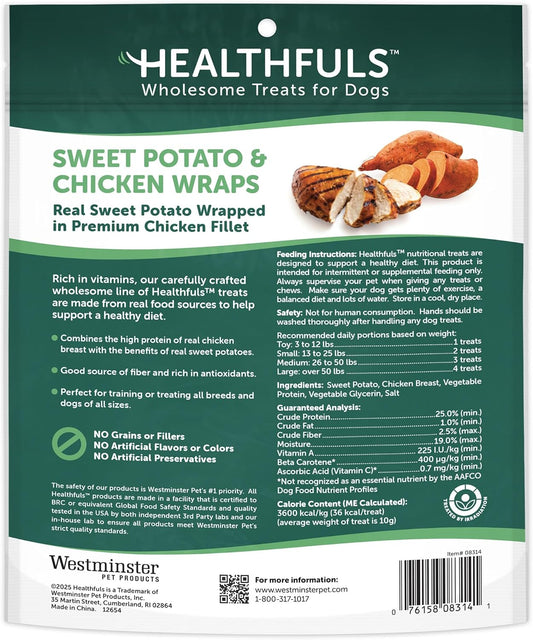 Close up of Healthfuls chicken wrapped sweet potato dog treat stick