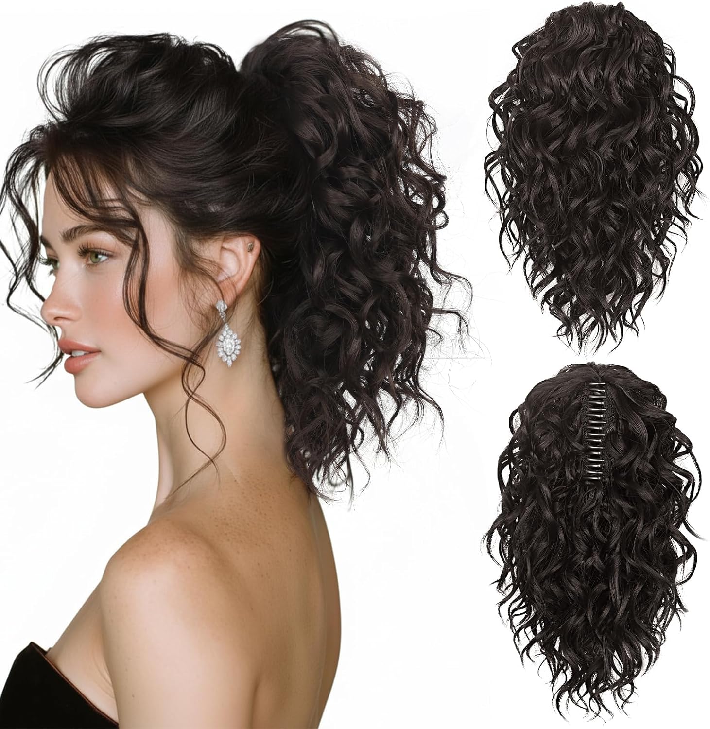 ZQIAN BEAUTY dark brown ponytail extension front view showcasing soft curly synthetic hair texture.