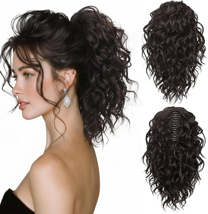 ZQIAN BEAUTY dark brown ponytail extension front view showcasing soft curly synthetic hair texture.
