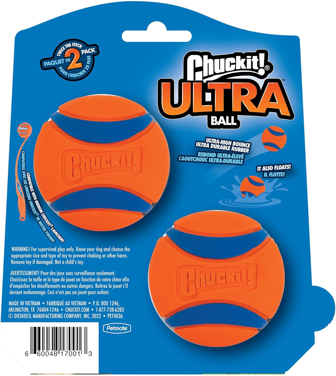 Chuckit! Ultra Ball held next to a medium dog toy launcher.