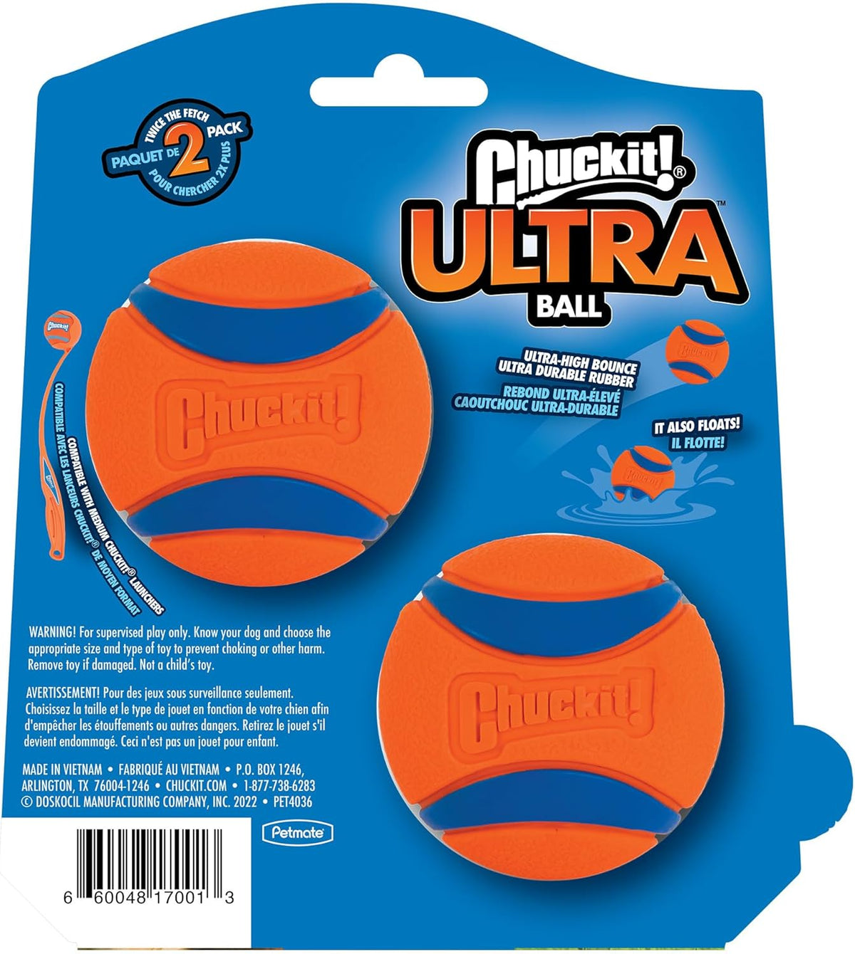 Chuckit! Ultra Ball held next to a medium dog toy launcher.