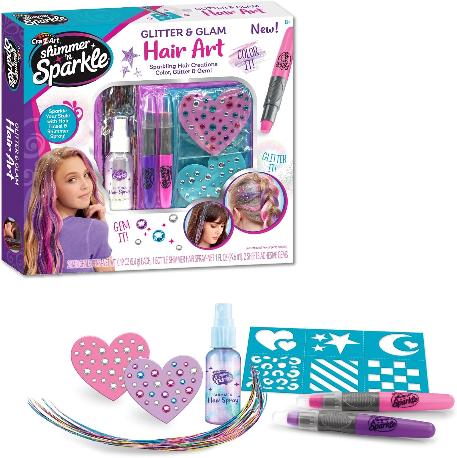 Shimmer 'n Sparkle Glitter and Glam Metallic Hair Art Set front packaging view showing hair chalk pens and gems
