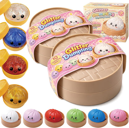 Kangerse Glitter Dumpling Squishy front view of mystery steamer box package.
