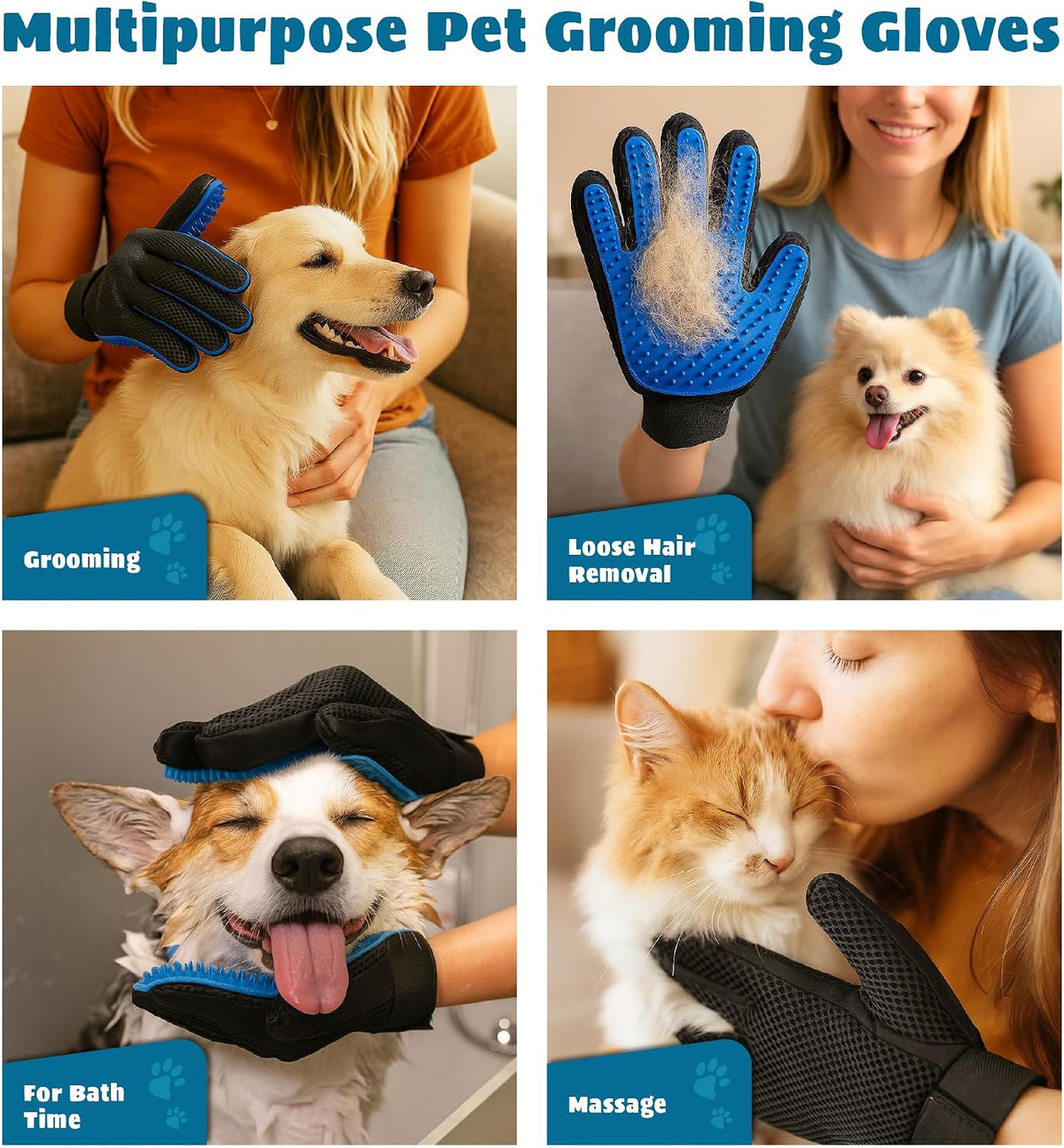 User wearing Tailio grooming glove massaging a pet