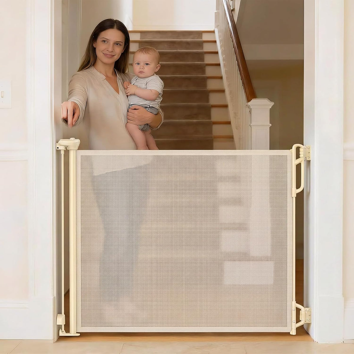 Spaceany Retractable Safety Baby Gate front view in cream color stretched across a doorway