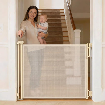 Spaceany Retractable Safety Baby Gate front view in cream color stretched across a doorway
