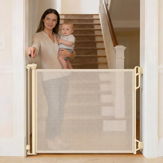 Spaceany Retractable Safety Baby Gate front view in cream color stretched across a doorway