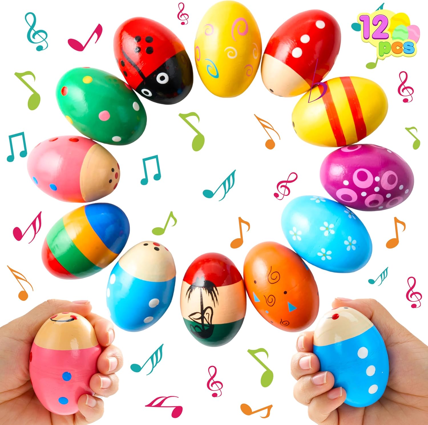 JOYIN wooden egg shakers 12 pack front view showing multiple bright colors and patterns.