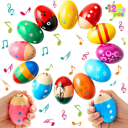 JOYIN wooden egg shakers 12 pack front view showing multiple bright colors and patterns.