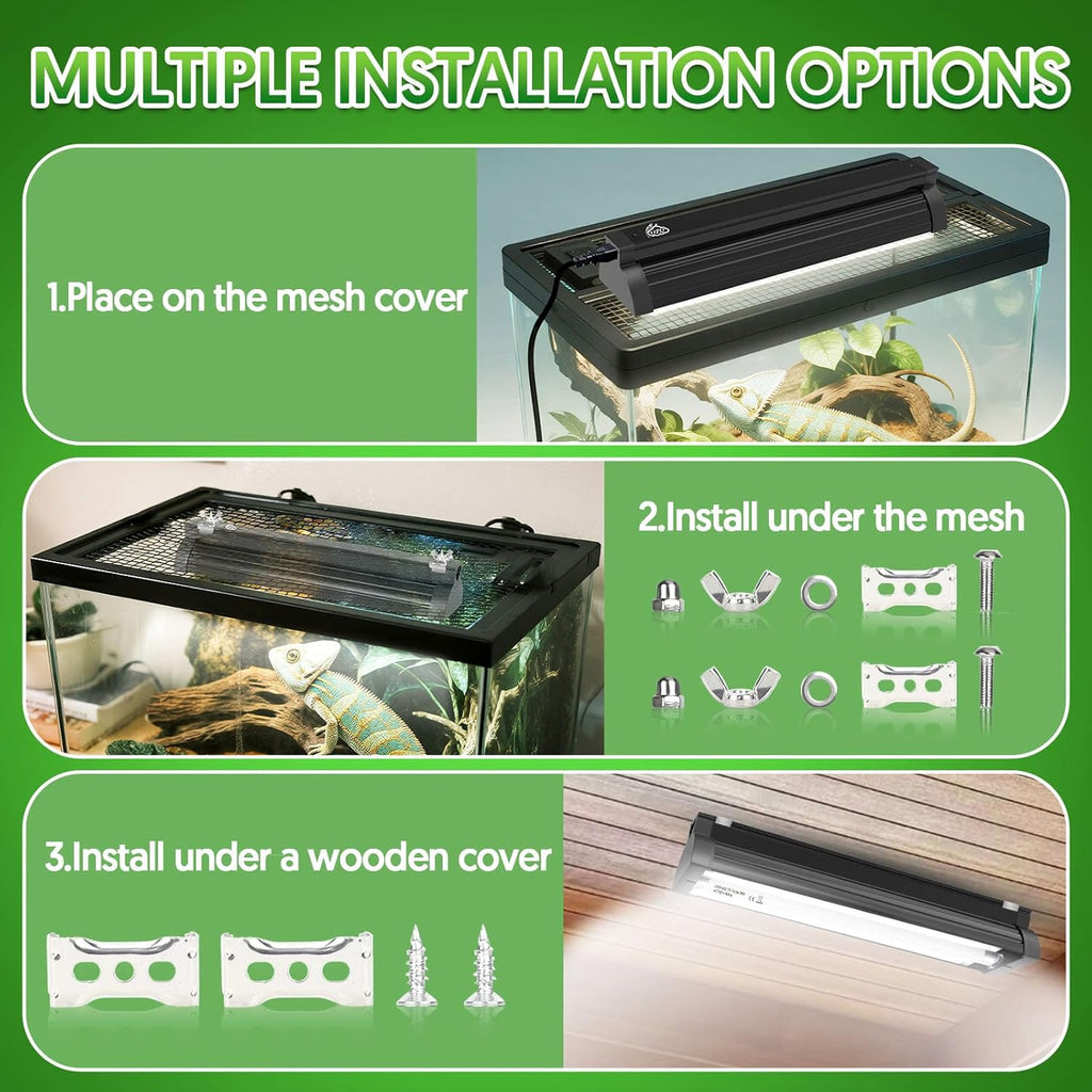 QZQ T5 UVB desert reptile lamp installed inside a wooden vivarium tank setup.