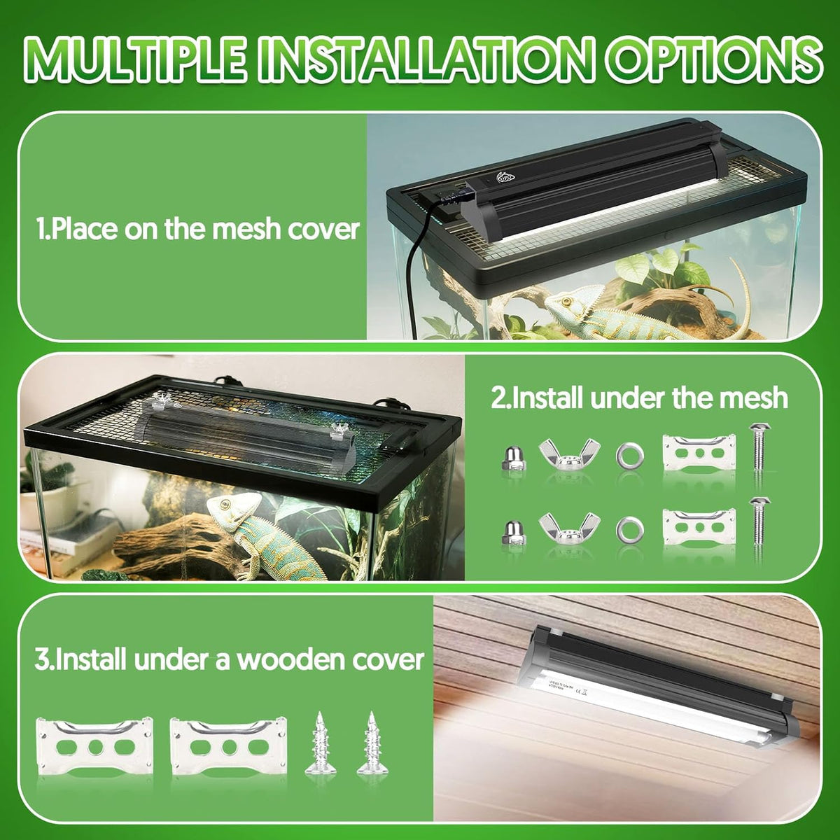 QZQ T5 UVB desert reptile lamp installed inside a wooden vivarium tank setup.