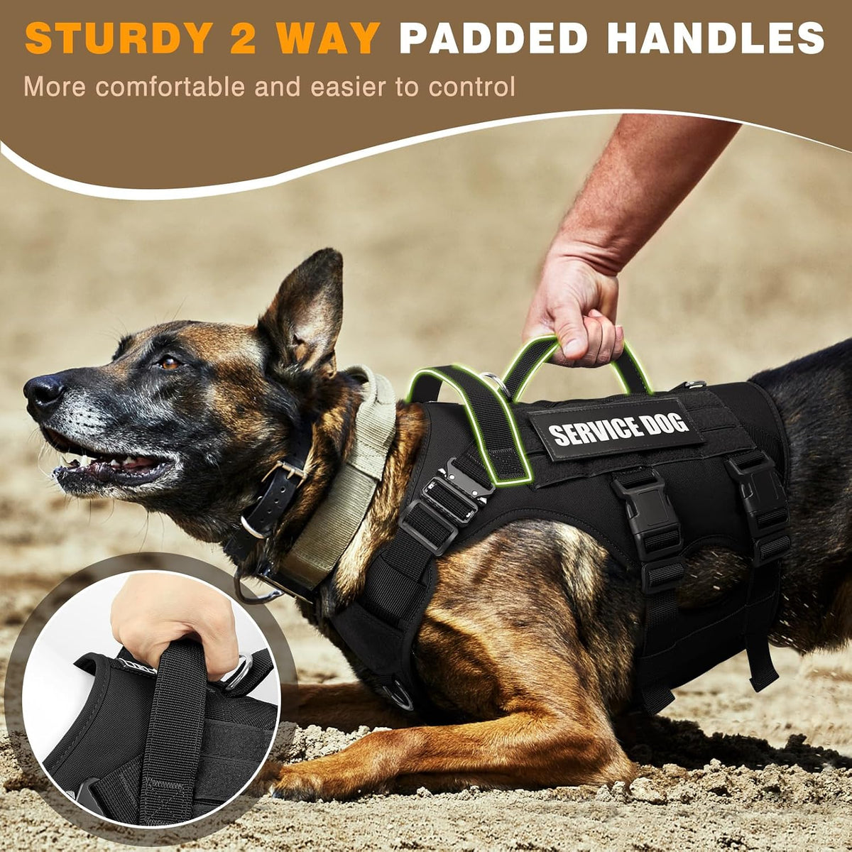 Interchangeable hook and loop pet patches attached to black service dog vest
