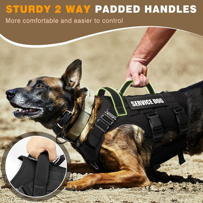 Interchangeable hook and loop pet patches attached to black service dog vest