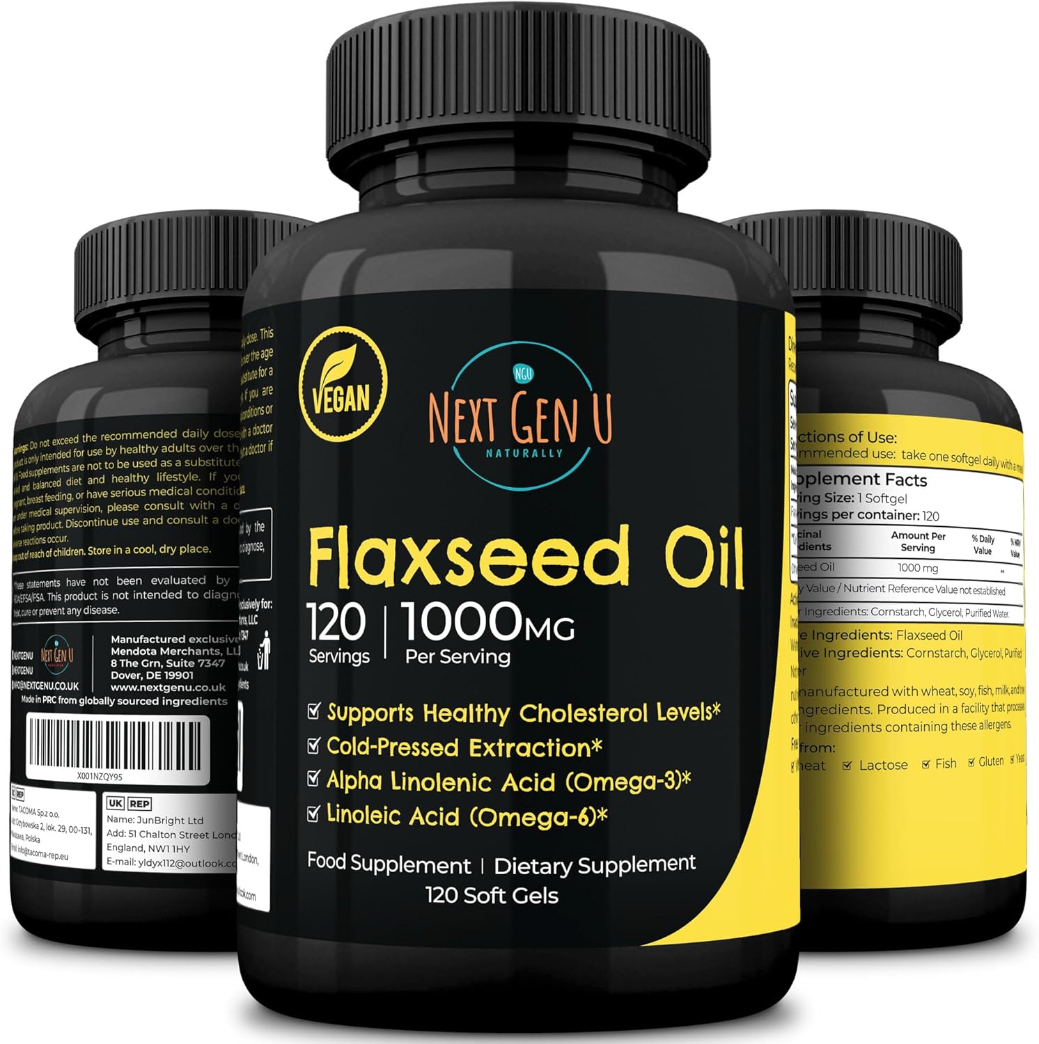 NGU Next Gen U Flaxseed Oil 1000mg bottle front view showing authentic vegan omega 3 6 9 supplements