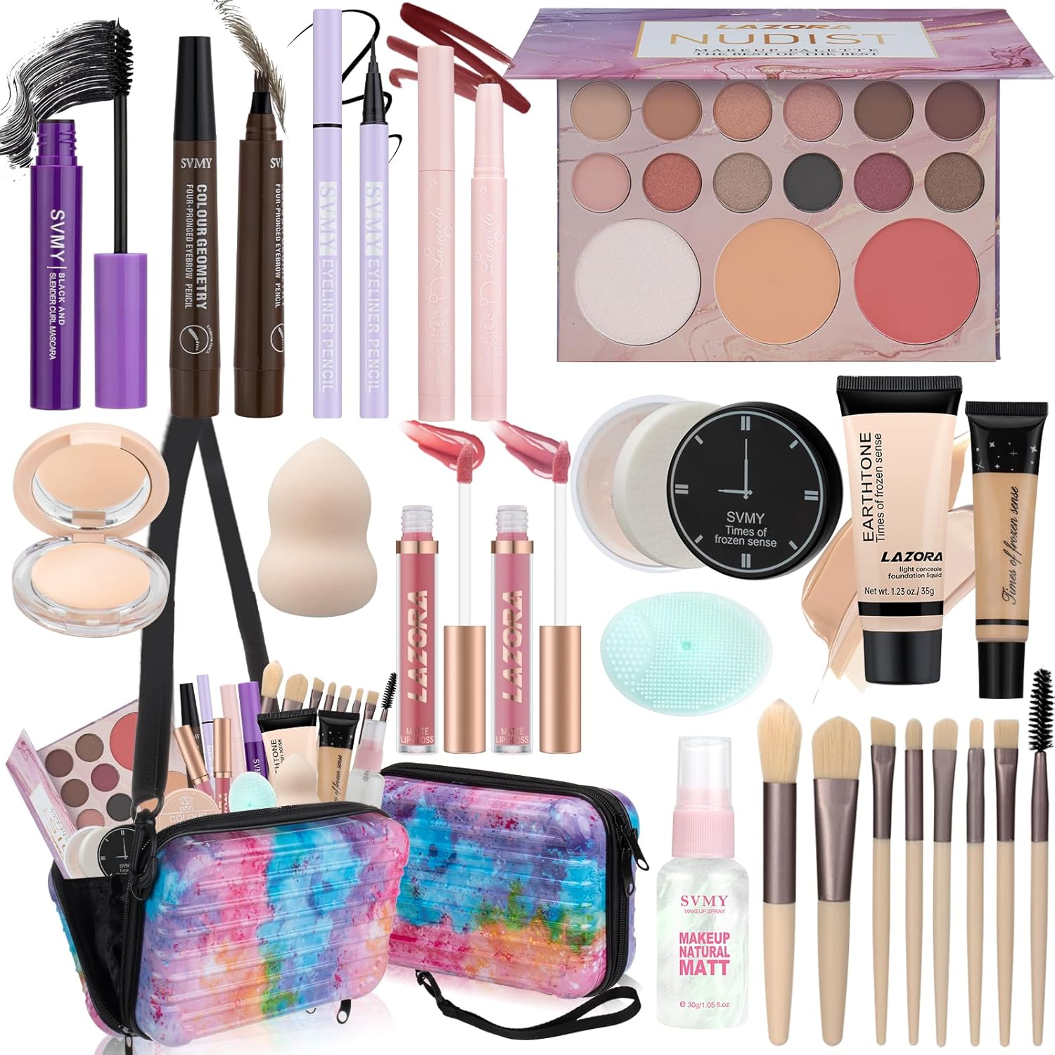 LAZORA All in One Makeup Kit front view showing the complete beginner beauty bundle with cosmetics and bag