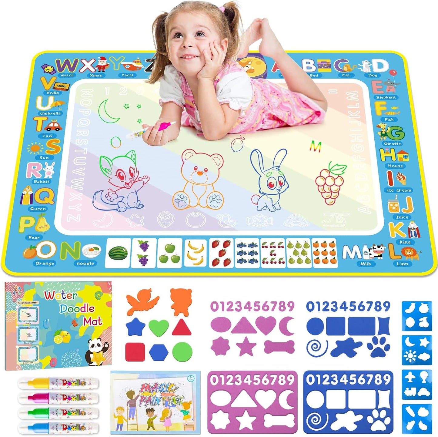 BlissfulBlend Water Doodle Mat front view showing the colorful drawing area and educational borders.