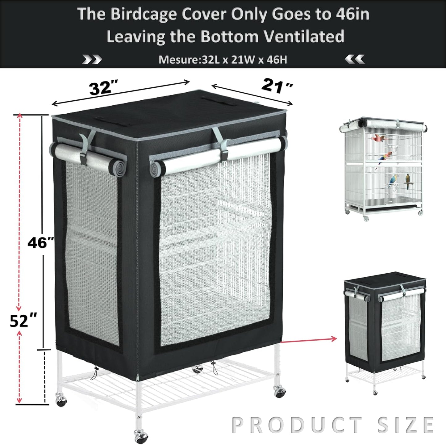 Heavy duty pet enclosure cover protecting a large metal birdcage outdoors