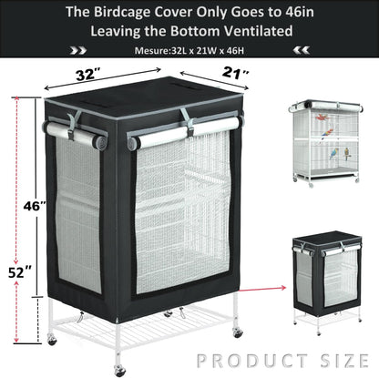 Heavy duty pet enclosure cover protecting a large metal birdcage outdoors