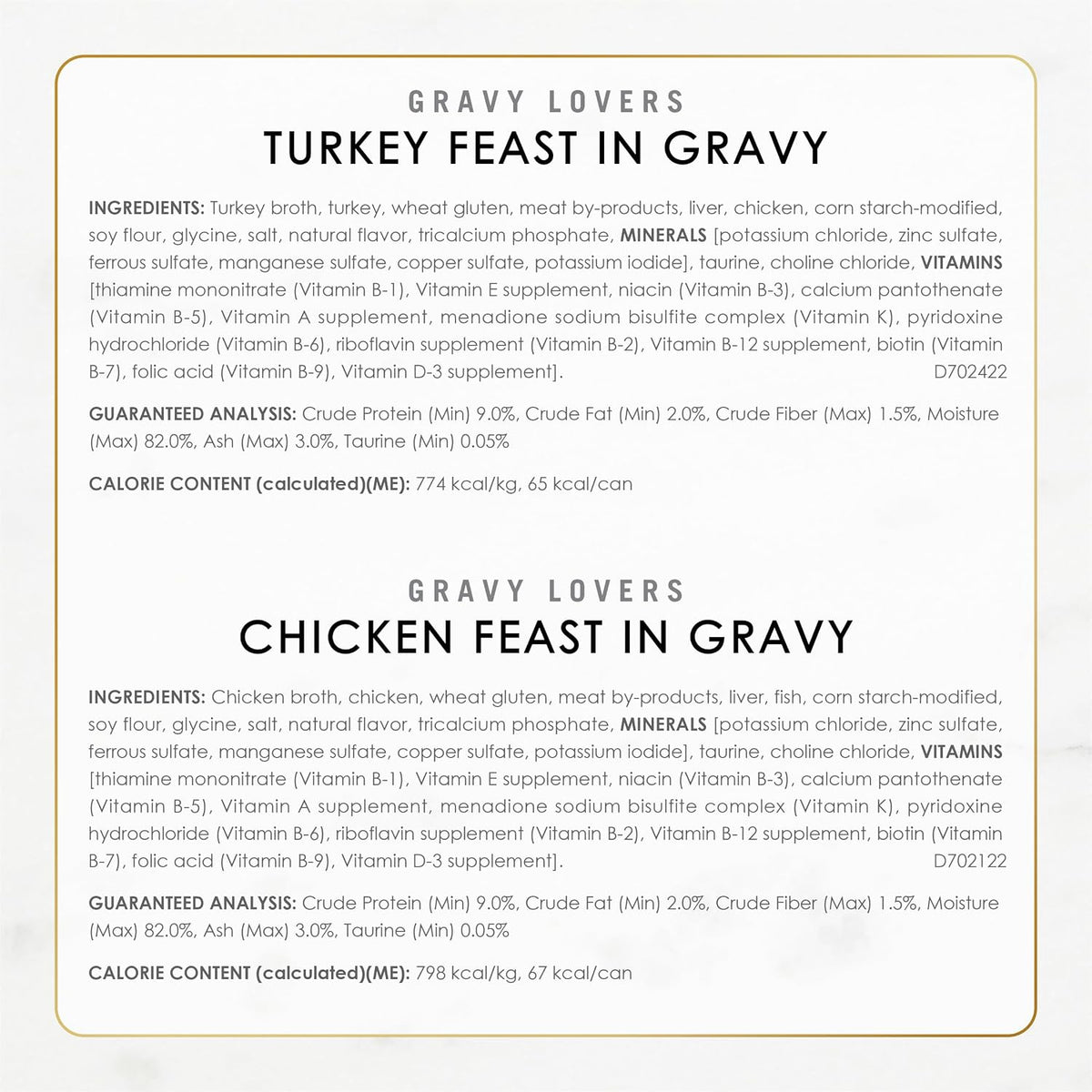 Purina Fancy Feast wet cat food nutritional info label