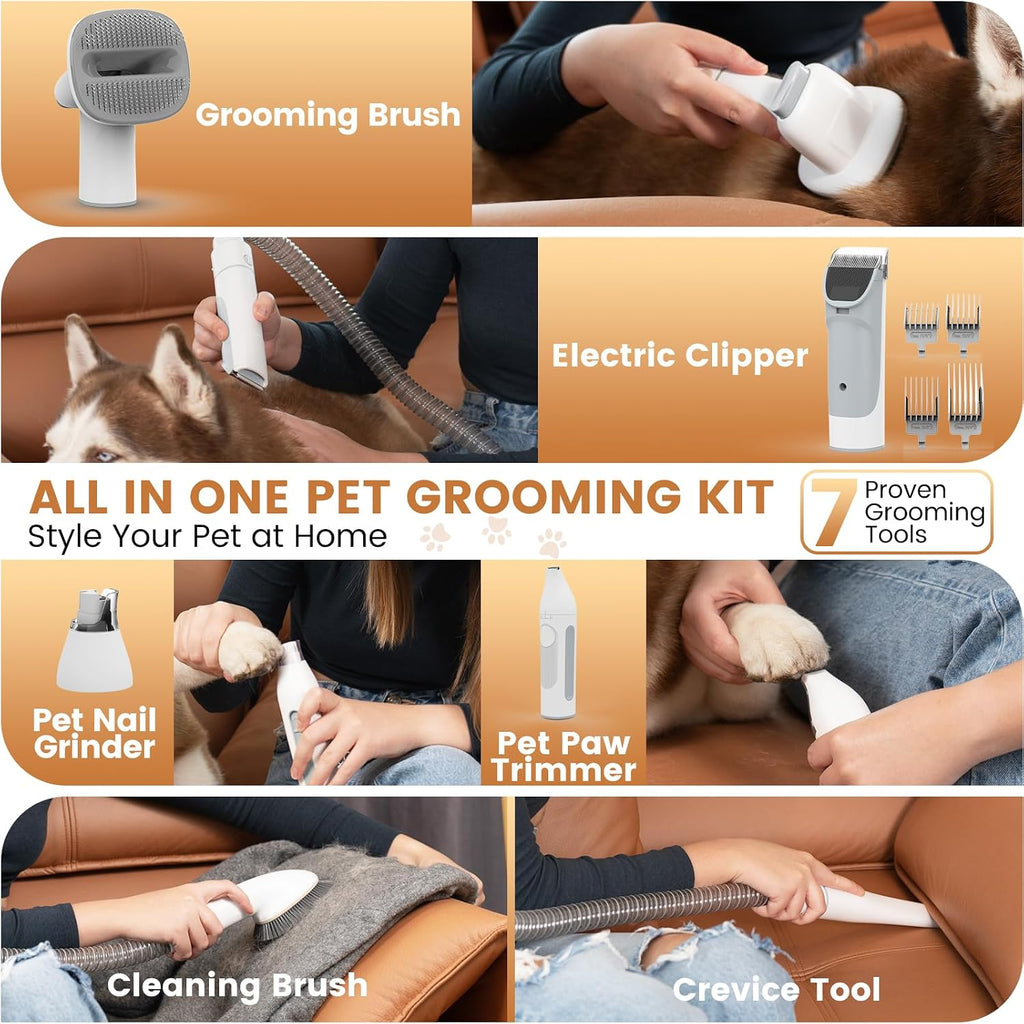 FIXR pet grooming vacuum with seven integrated tools including clippers and nail grinder