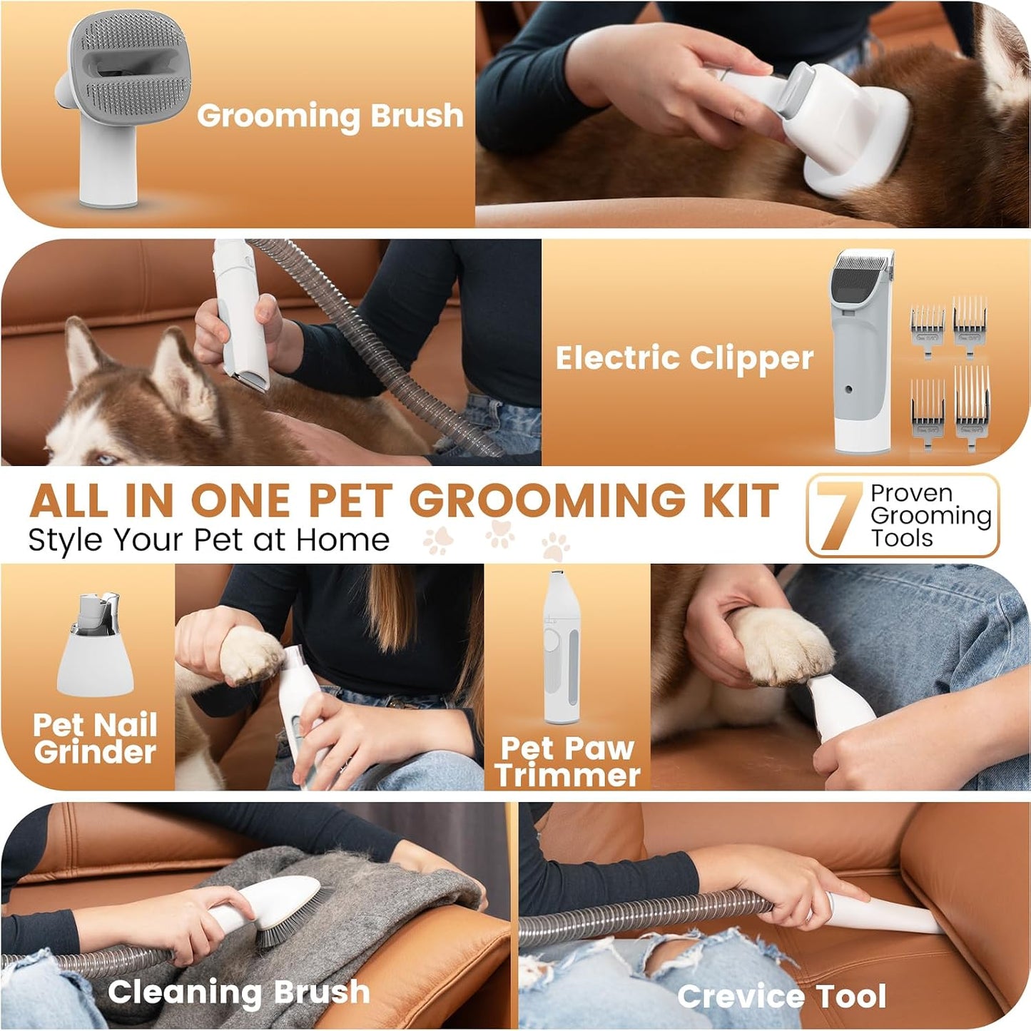 FIXR pet grooming vacuum with seven integrated tools including clippers and nail grinder