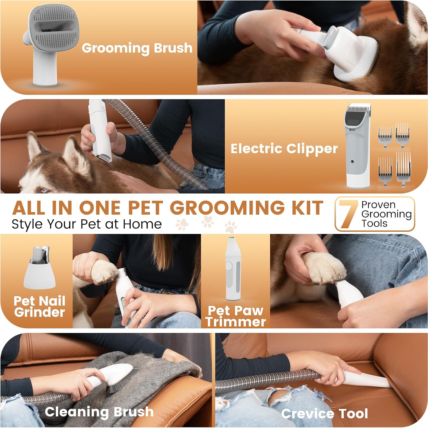 FIXR pet grooming vacuum with seven integrated tools including clippers and nail grinder