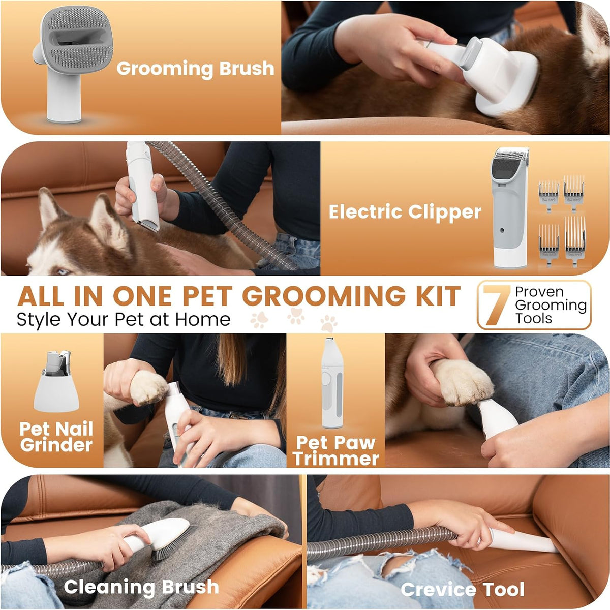 FIXR pet grooming vacuum with seven integrated tools including clippers and nail grinder