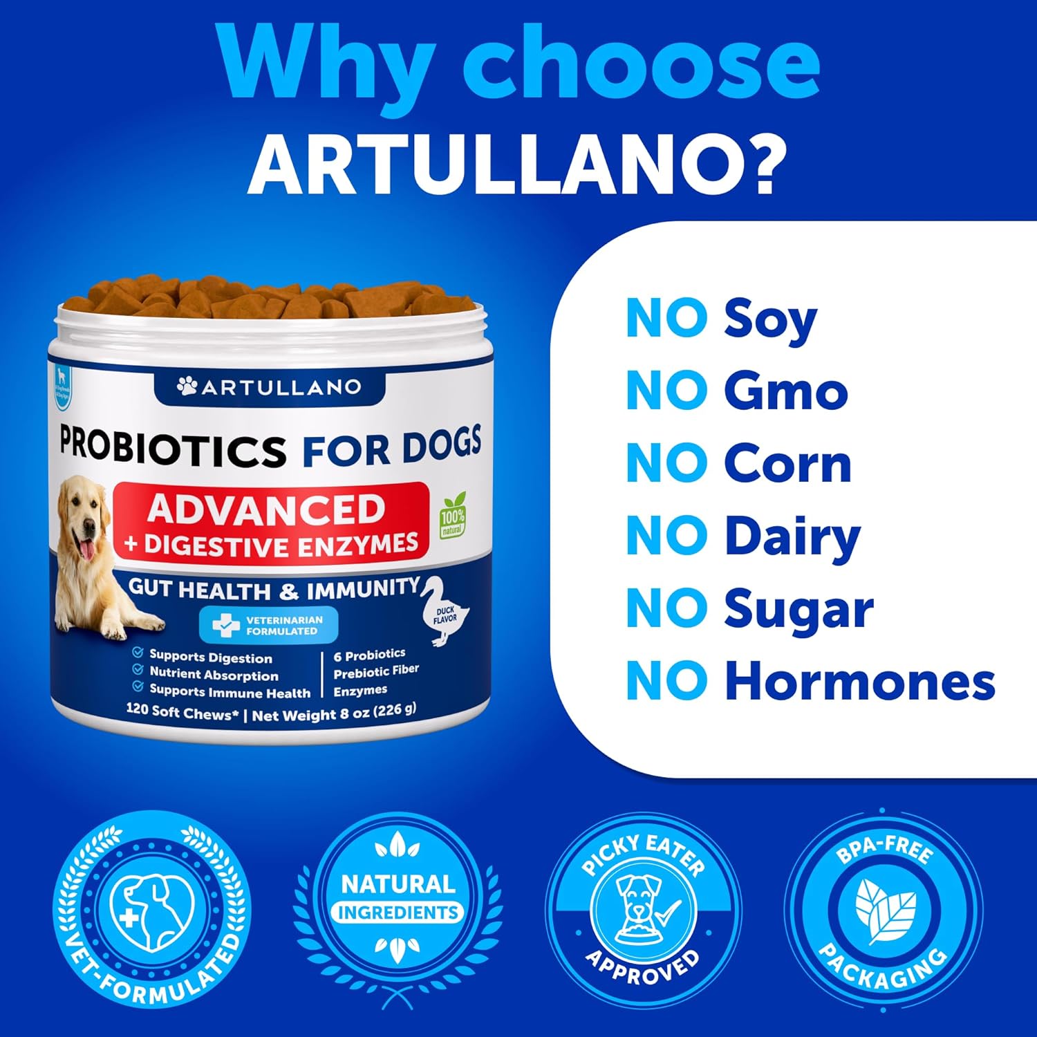 Artullano pet digestive enzymes and prebiotics supplement jar top view