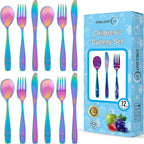 Chillout Life 12 piece stainless steel kids silverware set rainbow finish front view