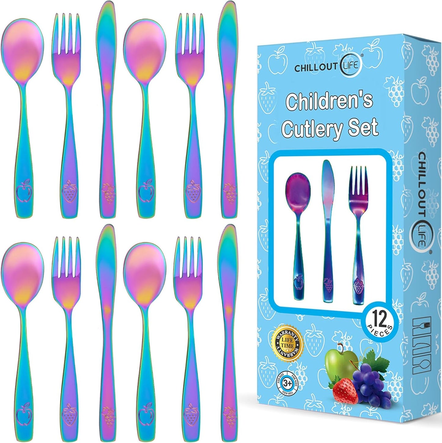 Chillout Life 12 piece stainless steel kids silverware set rainbow finish front view