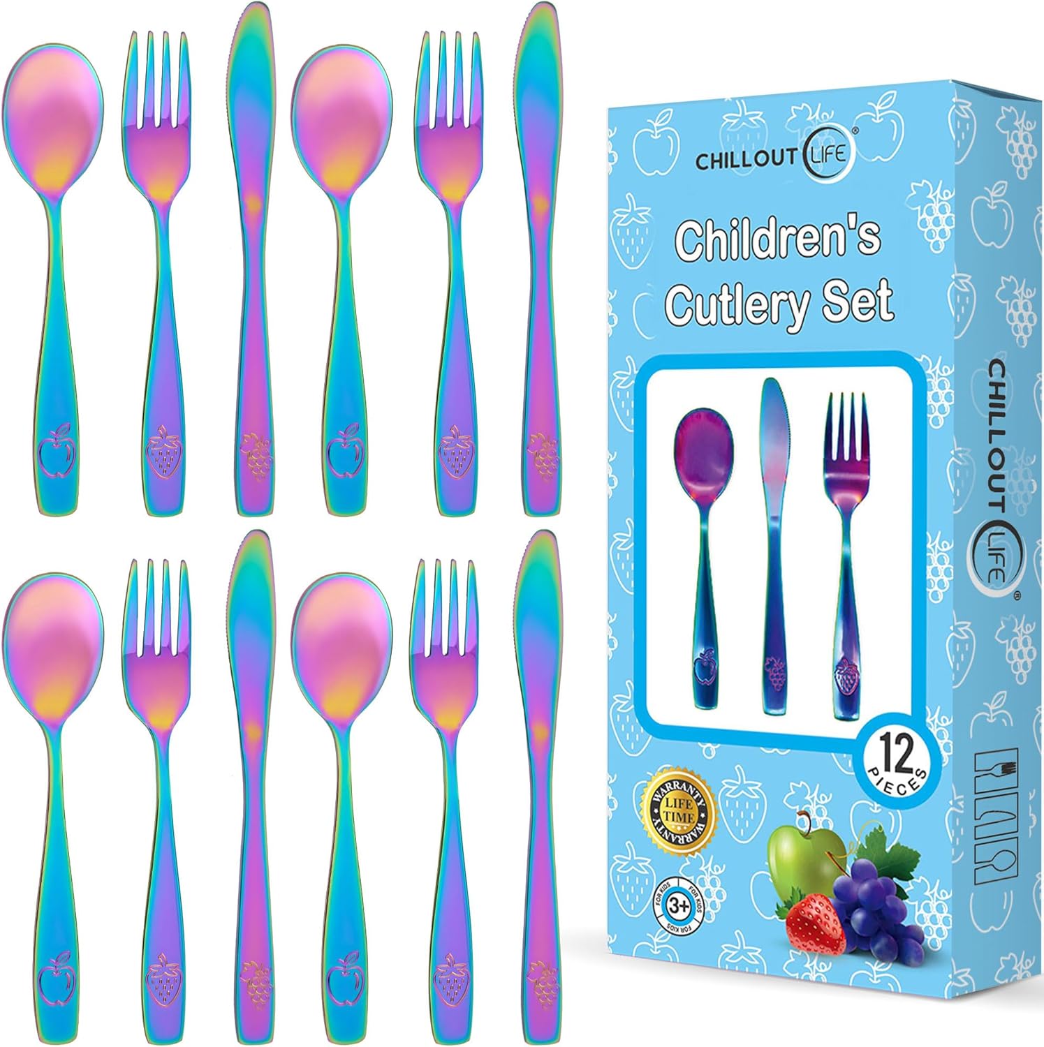 Chillout Life 12 piece stainless steel kids silverware set rainbow finish front view