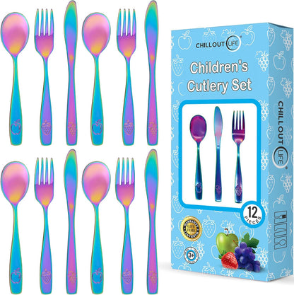 Chillout Life 12 piece stainless steel kids silverware set rainbow finish front view