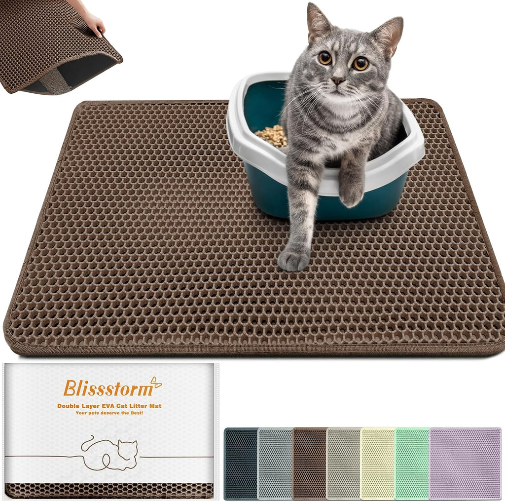 Oversized double layer purple mat capturing kitty litter scatter control feature