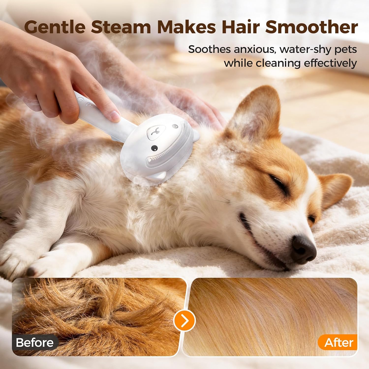 Close up of the one touch self cleaning release button on the white bear pet brush.