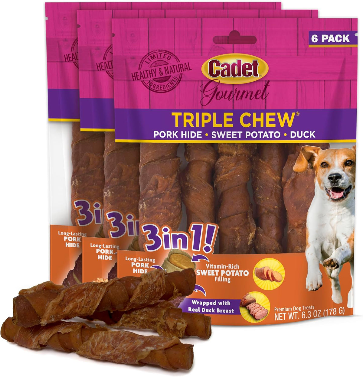 Cadet Gourmet Triple Chews Long-Lasting Pork Hide Sticks with Apple and Duck, Healthy Dog Treats for Small & Large Dogs, 6 Count - Image 10