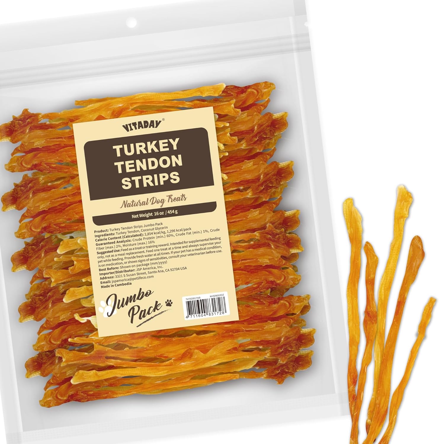 Vitaday Turkey Tendons label highlighting USA sourced
