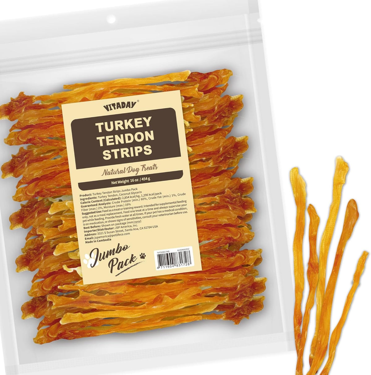 Vitaday Turkey Tendons label highlighting USA sourced