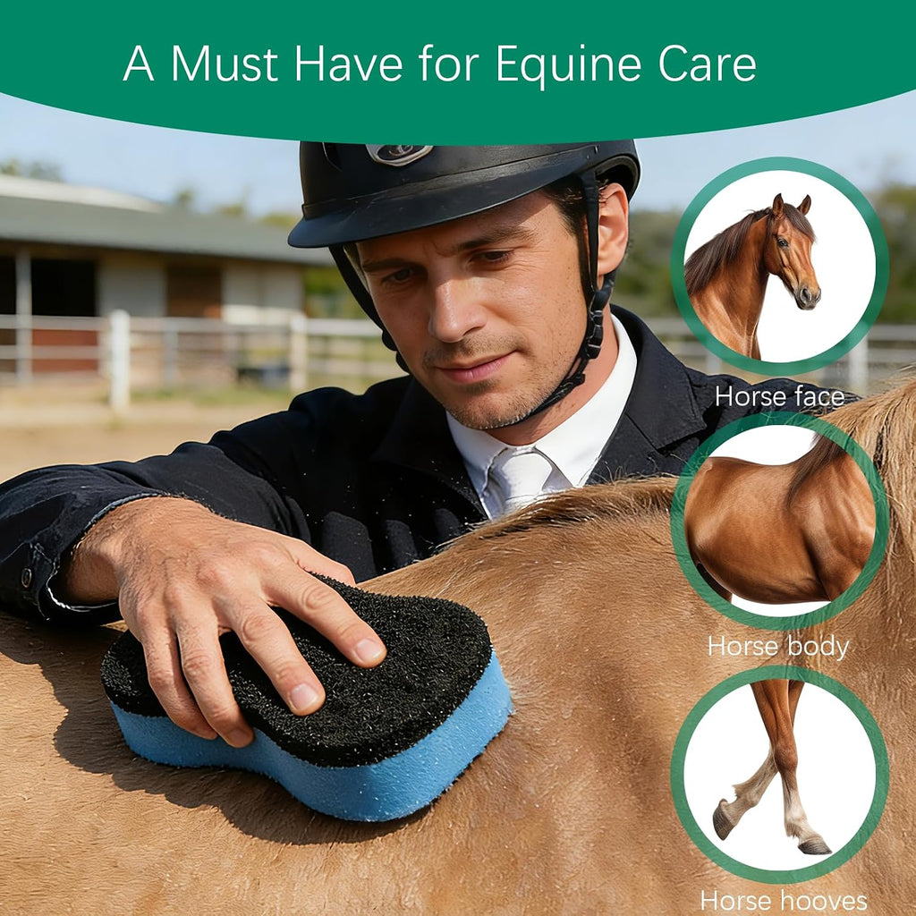 Oblong horse washing sponge for removing dried sweat and mud.