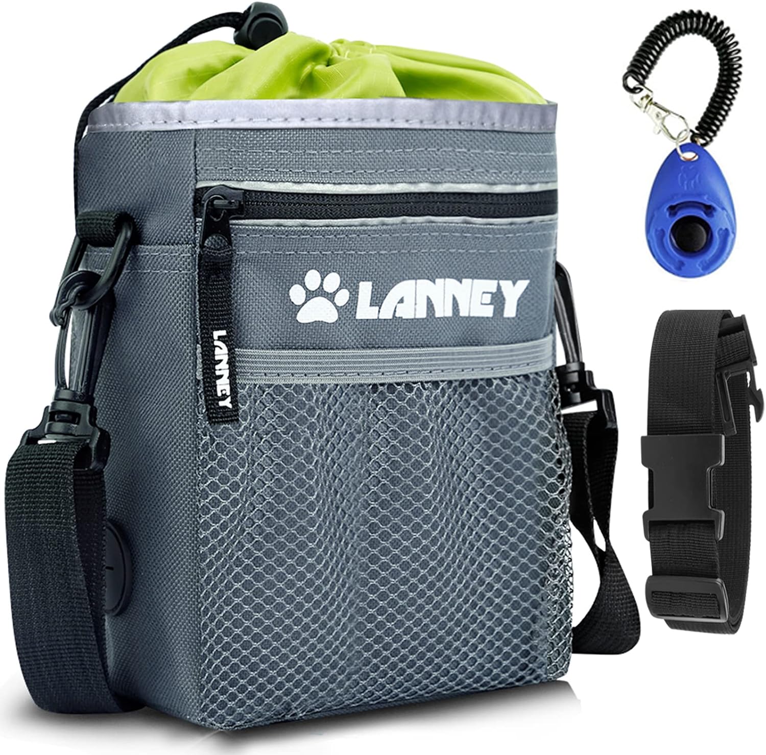 LANNEY dog treat pouch front view showing vibrant green lining and drawstring closure