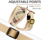 Side view of beige padded dog vest harness with leash
