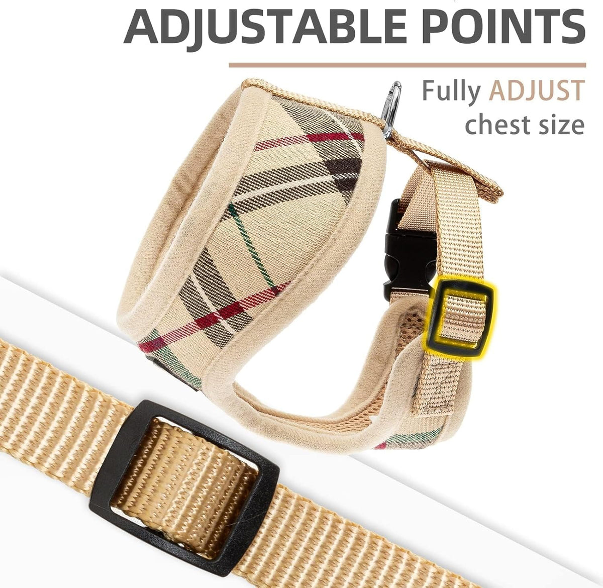 Side view of beige padded dog vest harness with leash