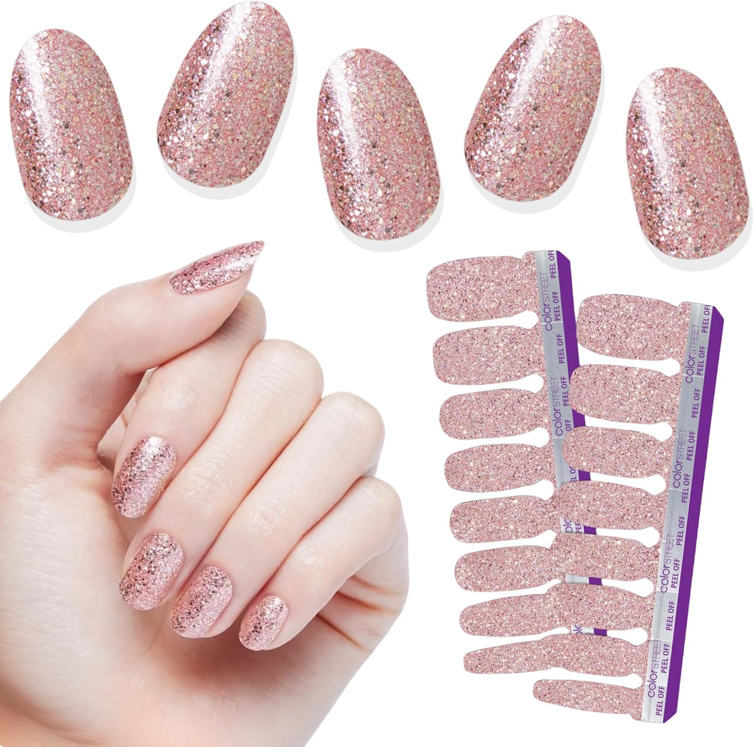Color Street Social Butterfly rose gold glitter nail strips front view
