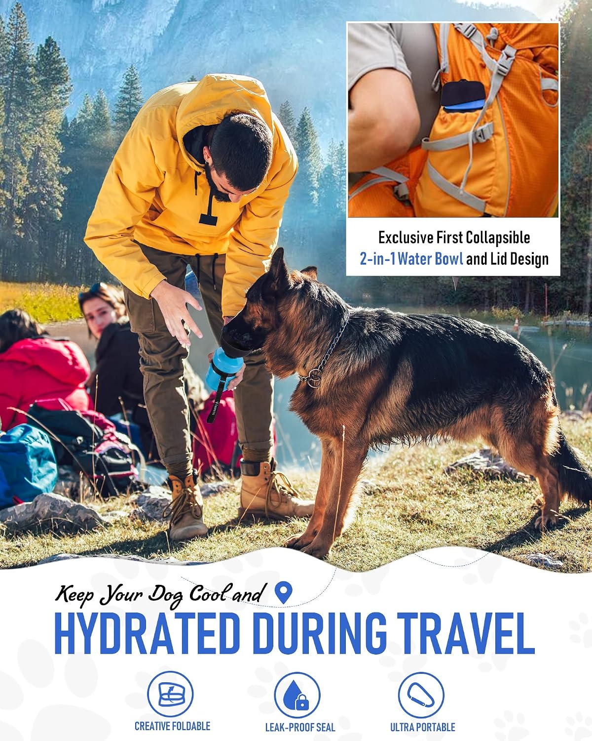 Side profile of the eighteen Ounce capacity dog travel bottle with carrying strap attached.