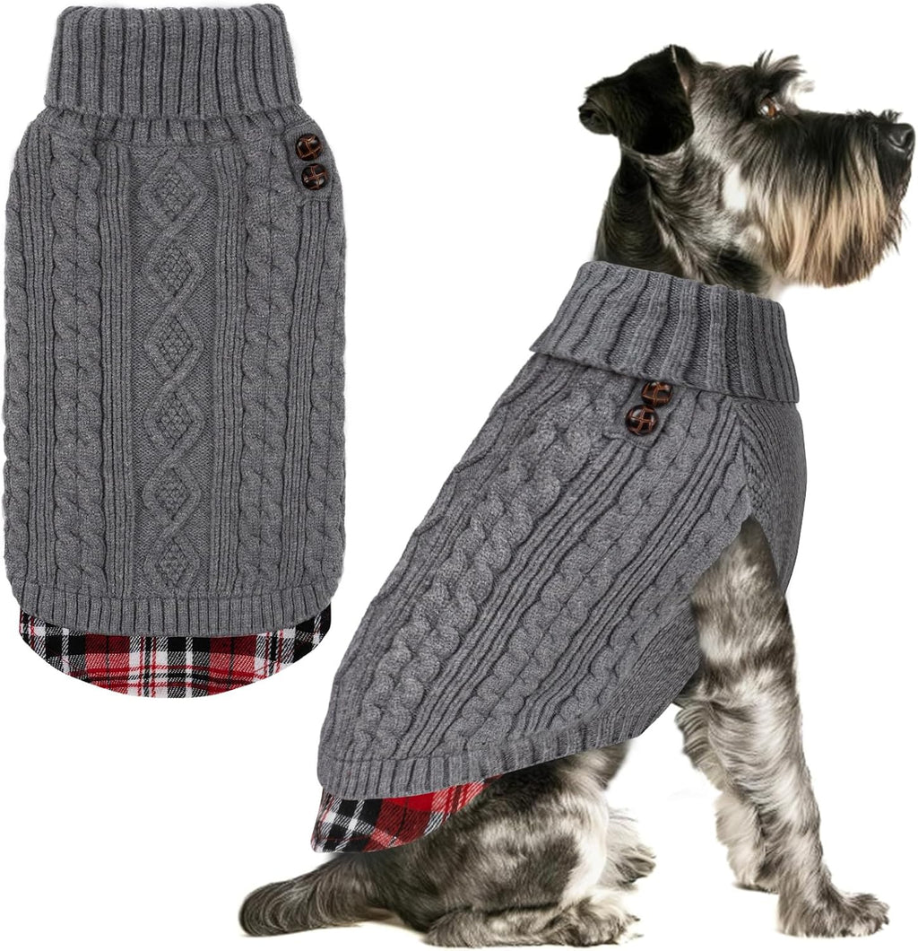 KYEESE dog sweater front view showing the cable-knit turtleneck design.