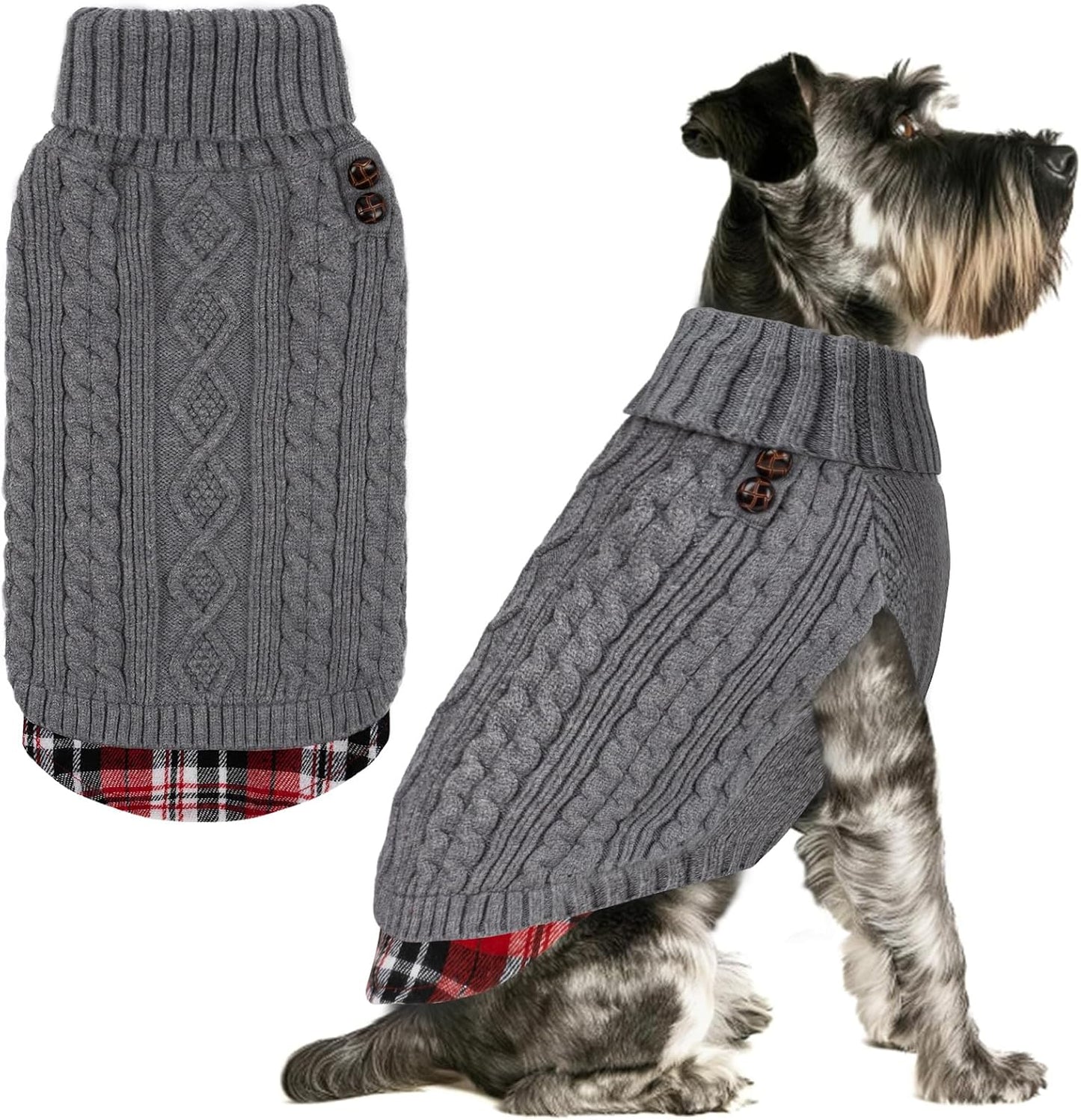 KYEESE dog sweater front view showing the cable-knit turtleneck design.