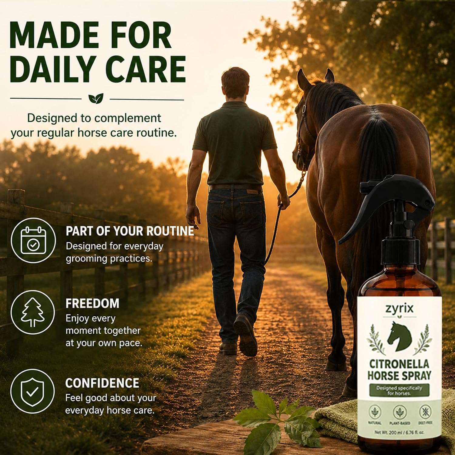 Zyrix horse spray 200ml bottle with equestrian background.