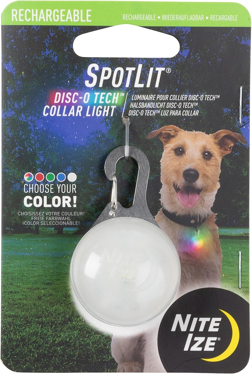 Nite Ize SpotLit rechargeable collar light front view showing color changing LED glow
